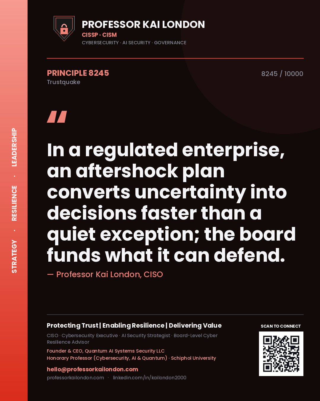 Quote card by Professor Kai London reading 'In a regulated enterprise, an aftershock plan converts uncertainty into decisions faster than a quiet exception; the board funds what it can defend.'. From the book Trustquake.