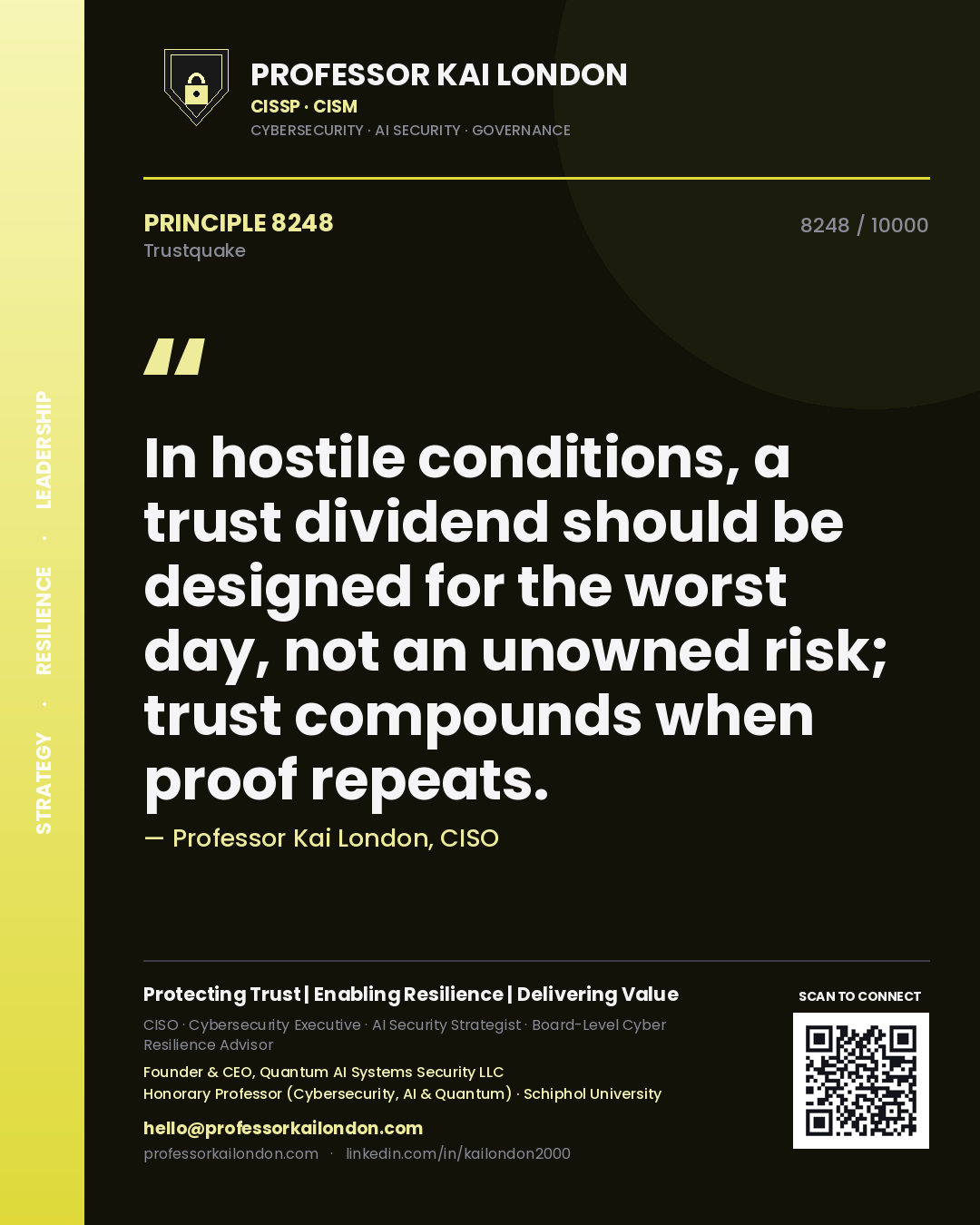 Quote card by Professor Kai London reading 'In hostile conditions, a trust dividend should be designed for the worst day, not an unowned risk; trust compounds when proof repeats.'. From the book Trustquake.