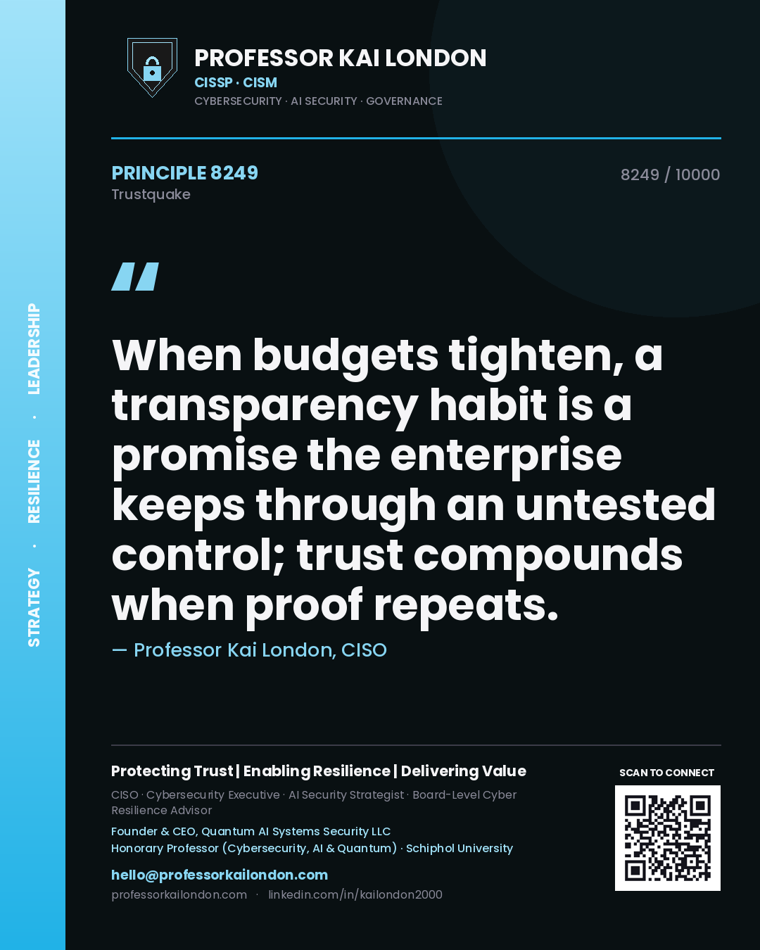 Quote card by Professor Kai London reading 'When budgets tighten, a transparency habit is a promise the enterprise keeps through an untested control; trust compounds when proof repeats.'. From the book Trustquake.