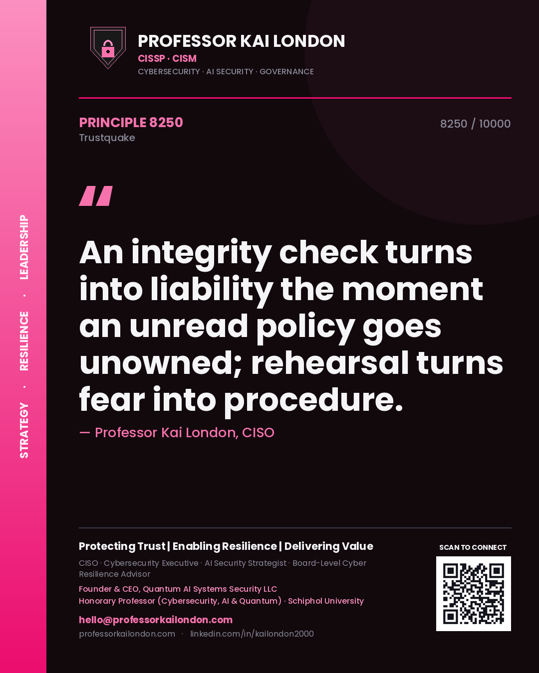 Quote card by Professor Kai London reading 'An integrity check turns into liability the moment an unread policy goes unowned; rehearsal turns fear into procedure.'. From the book Trustquake.