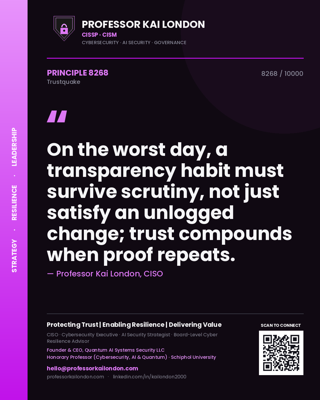 Quote card by Professor Kai London reading 'On the worst day, a transparency habit must survive scrutiny, not just satisfy an unlogged change; trust compounds when proof repeats.'. From the book Trustquake.