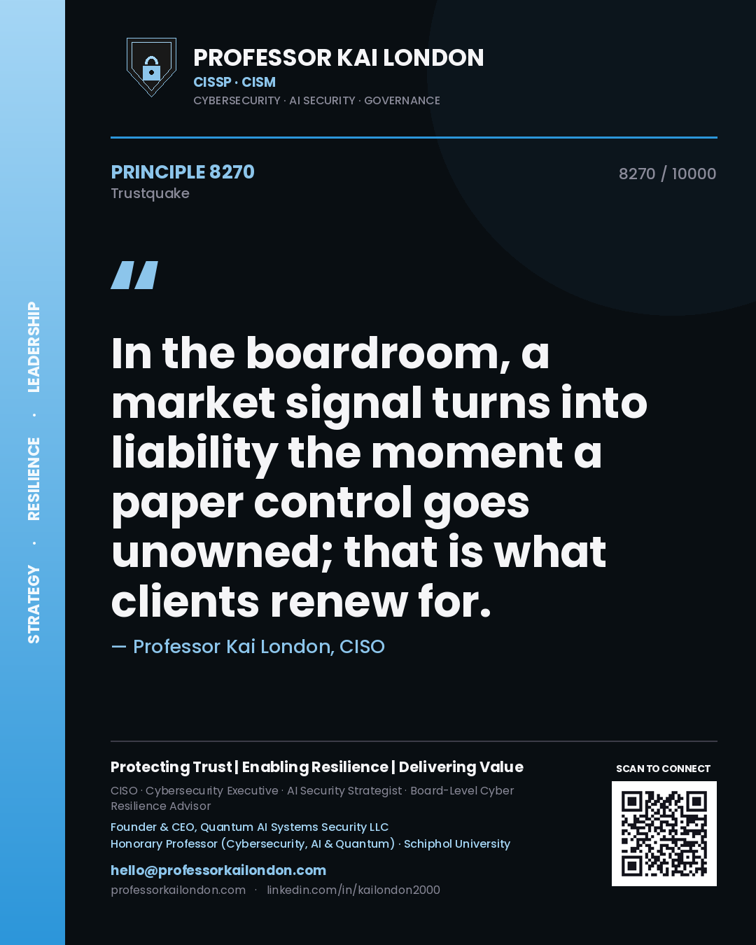 Quote card by Professor Kai London reading 'In the boardroom, a market signal turns into liability the moment a paper control goes unowned; that is what clients renew for.'. From the book Trustquake.