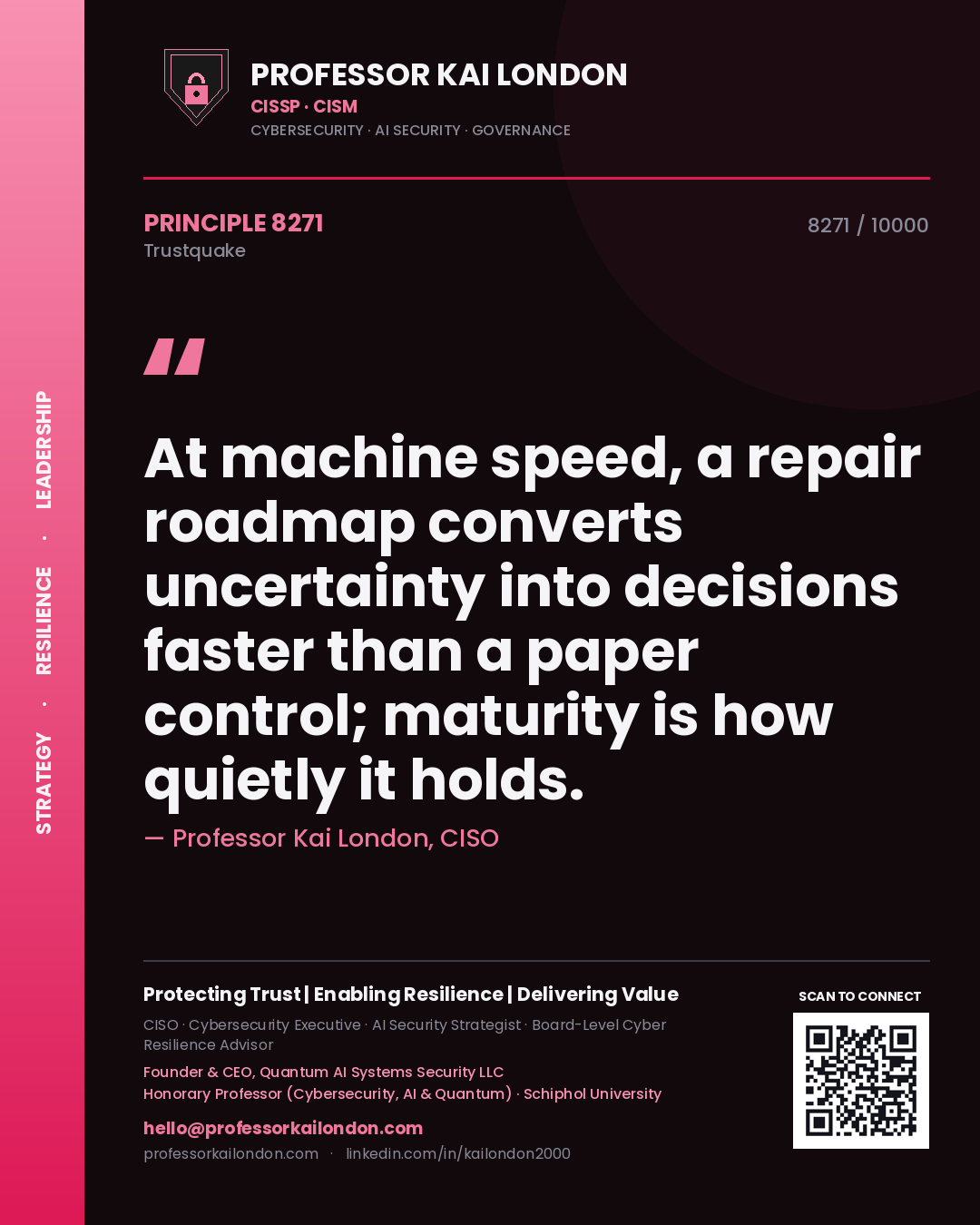 Quote card by Professor Kai London reading 'At machine speed, a repair roadmap converts uncertainty into decisions faster than a paper control; maturity is how quietly it holds.'. From the book Trustquake.