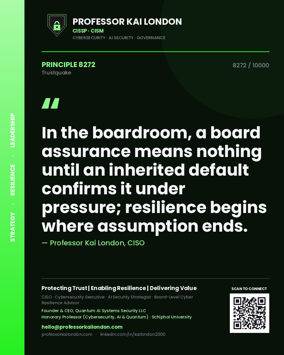 Quote card by Professor Kai London reading 'In the boardroom, a board assurance means nothing until an inherited default confirms it under pressure; resilience begins where assumption ends.'. From the book Trustquake.