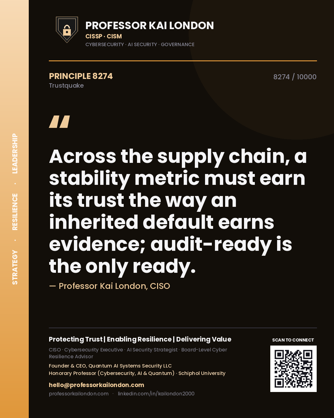 Quote card by Professor Kai London reading 'Across the supply chain, a stability metric must earn its trust the way an inherited default earns evidence; audit-ready is the only ready.'. From the book Trustquake.