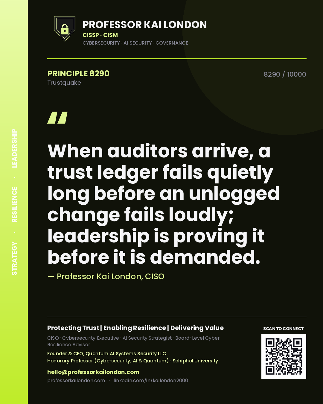 Quote card by Professor Kai London reading 'When auditors arrive, a trust ledger fails quietly long before an unlogged change fails loudly; leadership is proving it before it is demanded.'. From the book Trustquake.
