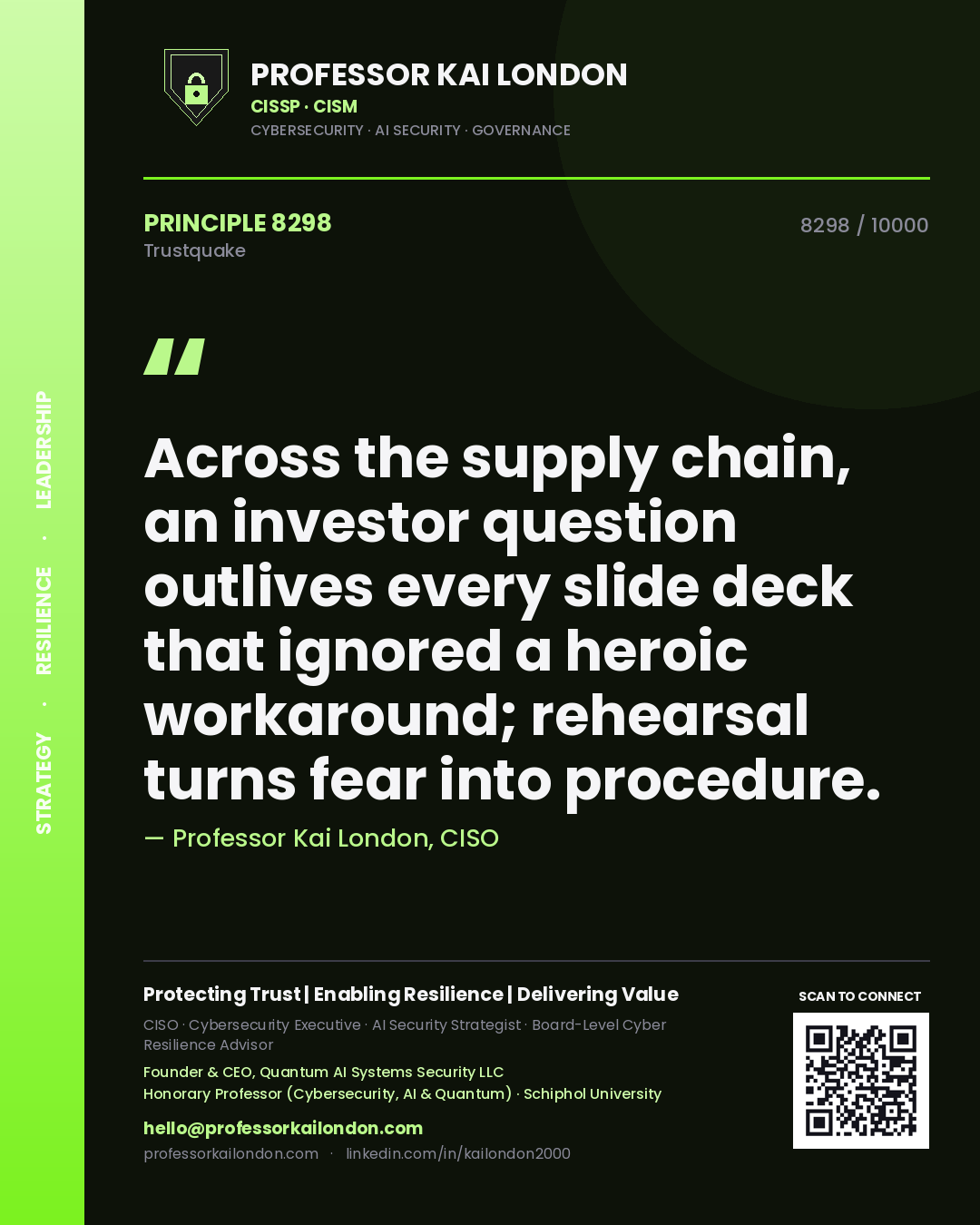 Quote card by Professor Kai London reading 'Across the supply chain, an investor question outlives every slide deck that ignored a heroic workaround; rehearsal turns fear into procedure.'. From the book Trustquake.