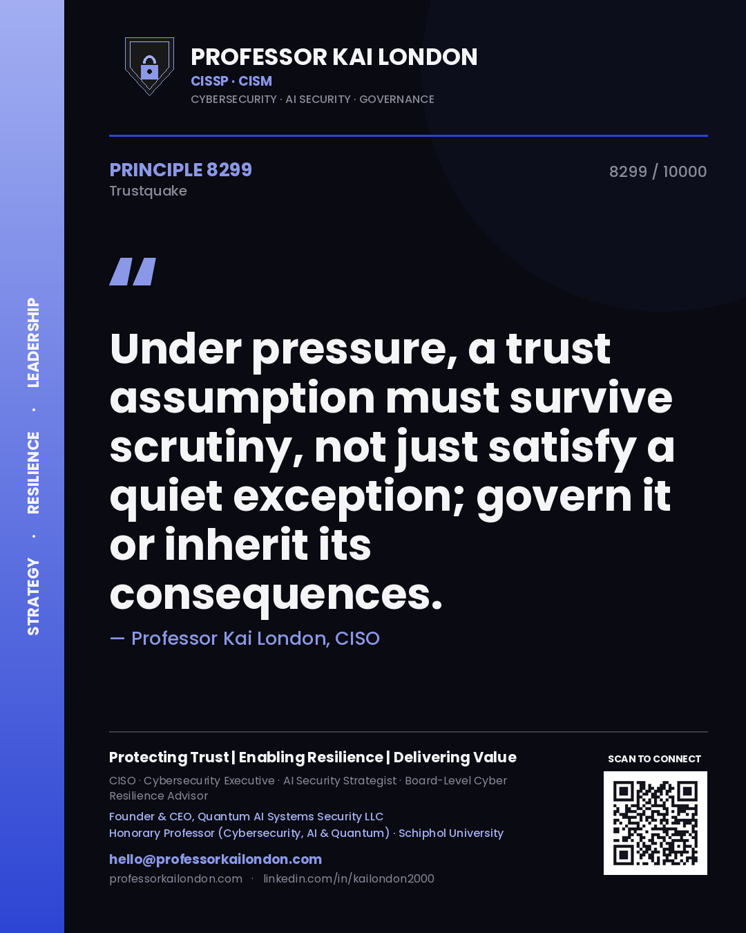 Quote card by Professor Kai London reading 'Under pressure, a trust assumption must survive scrutiny, not just satisfy a quiet exception; govern it or inherit its consequences.'. From the book Trustquake.