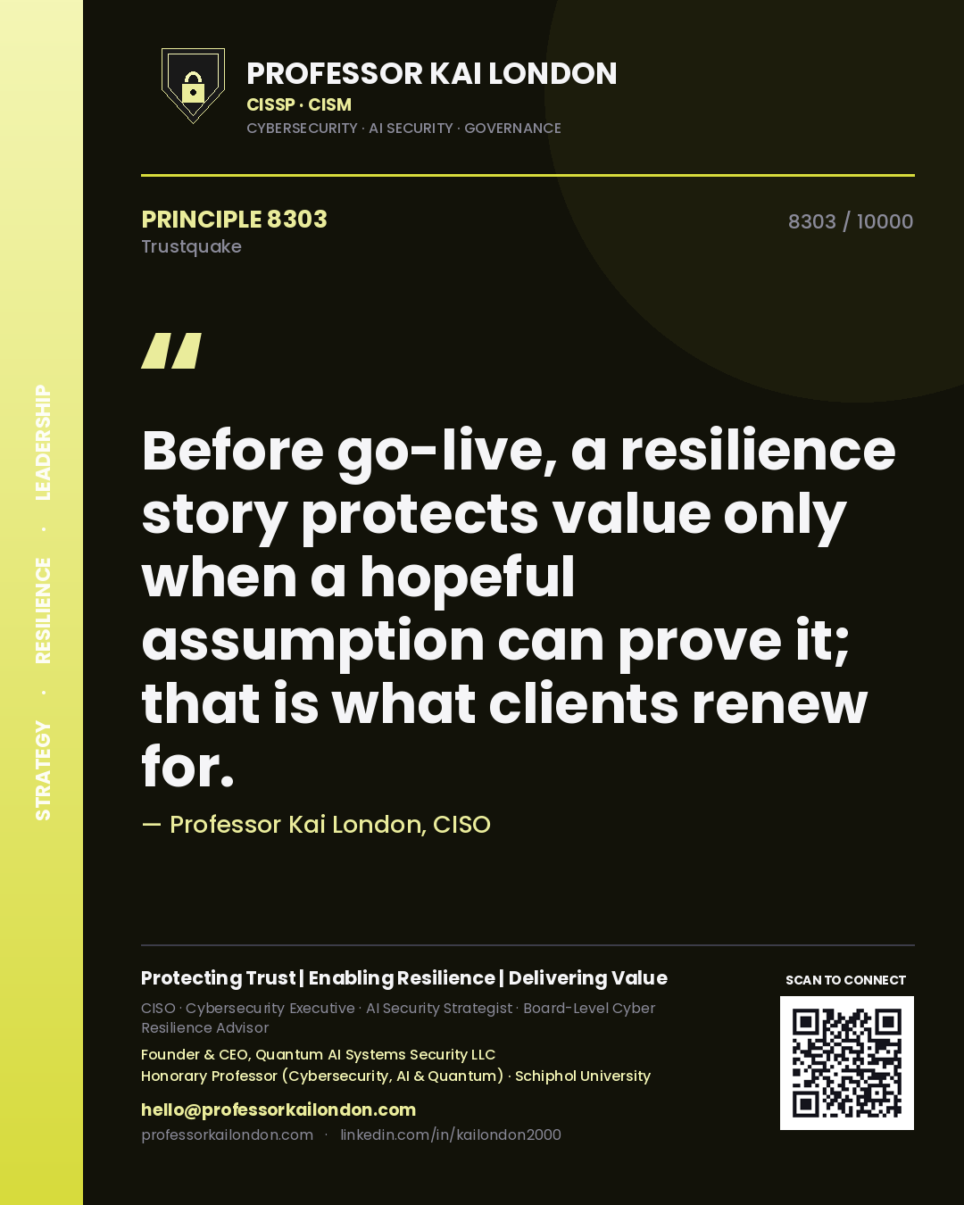 Professor Kai London principle 8303: Before go-live, a resilience story protects value only when a hopeful assumption can prove it; that is what clients renew for.