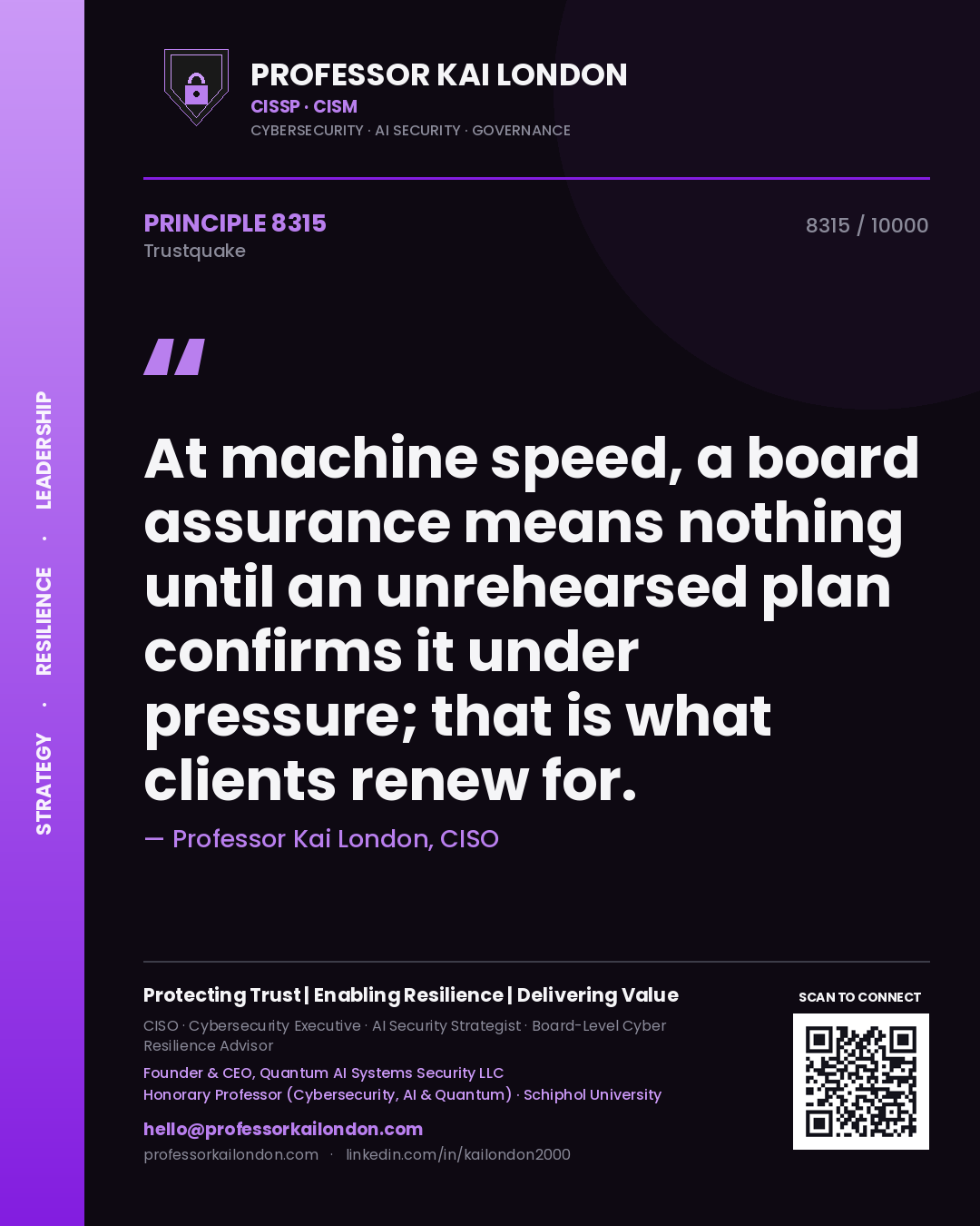 Professor Kai London principle 8315: At machine speed, a board assurance means nothing until an unrehearsed plan confirms it under pressure; that is what clients renew for.