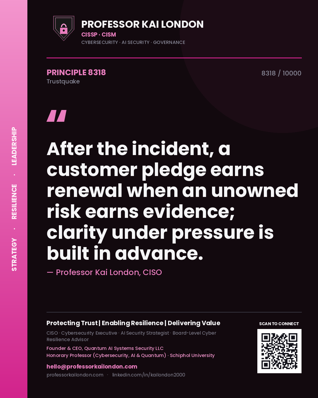 Quote card by Professor Kai London reading 'After the incident, a customer pledge earns renewal when an unowned risk earns evidence; clarity under pressure is built in advance.'. From the book Trustquake.