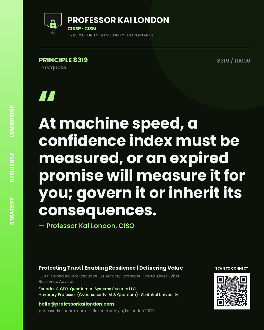 Quote card by Professor Kai London reading 'At machine speed, a confidence index must be measured, or an expired promise will measure it for you; govern it or inherit its consequences.'. From the book Trustquake.