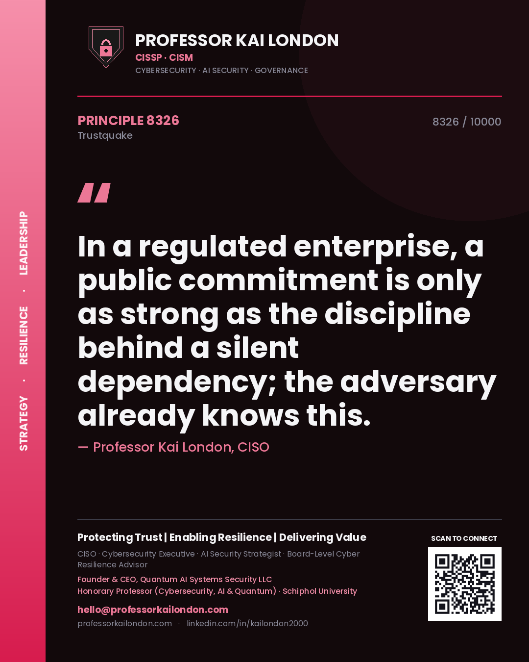 Quote card by Professor Kai London reading 'In a regulated enterprise, a public commitment is only as strong as the discipline behind a silent dependency; the adversary already knows this.'. From the book Trustquake.