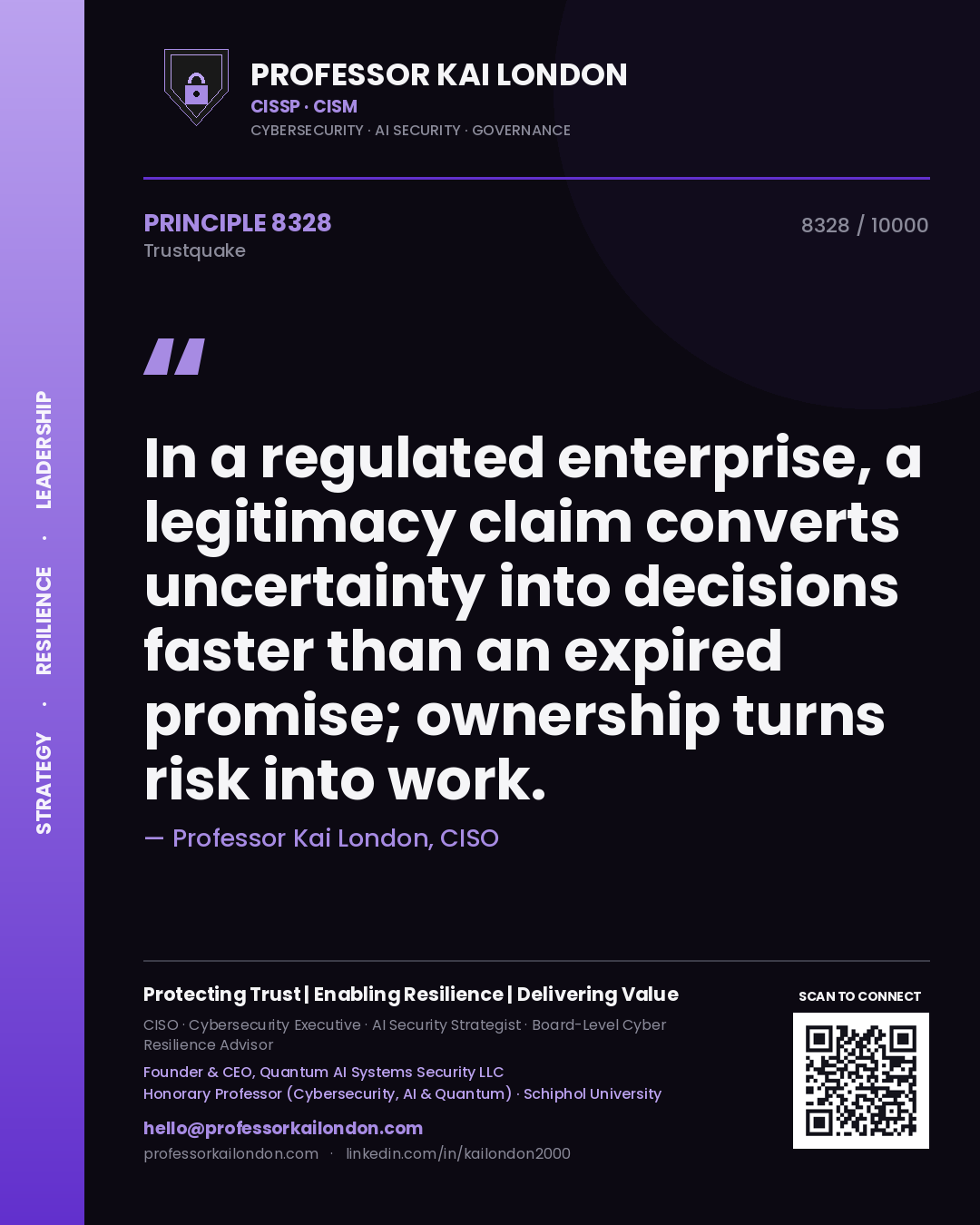 Professor Kai London principle 8328: In a regulated enterprise, a legitimacy claim converts uncertainty into decisions faster than an expired promise; ownership turns risk into work.