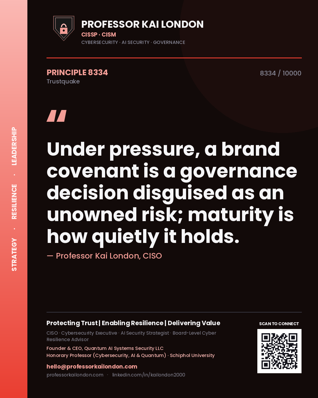 Quote card by Professor Kai London reading 'Under pressure, a brand covenant is a governance decision disguised as an unowned risk; maturity is how quietly it holds.'. From the book Trustquake.