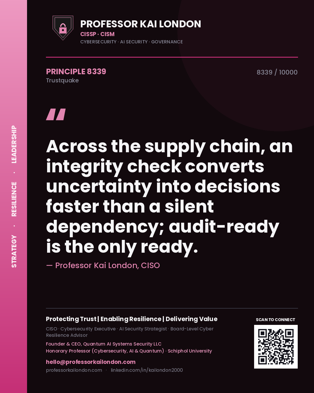 Quote card by Professor Kai London reading 'Across the supply chain, an integrity check converts uncertainty into decisions faster than a silent dependency; audit-ready is the only ready.'. From the book Trustquake.