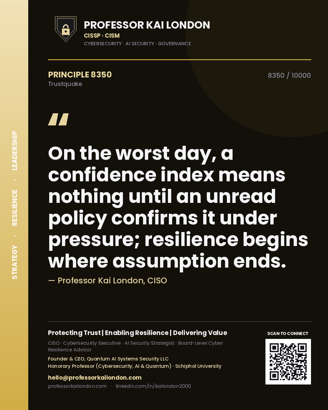 Professor Kai London principle 8350: On the worst day, a confidence index means nothing until an unread policy confirms it under pressure; resilience begins where assumption ends.