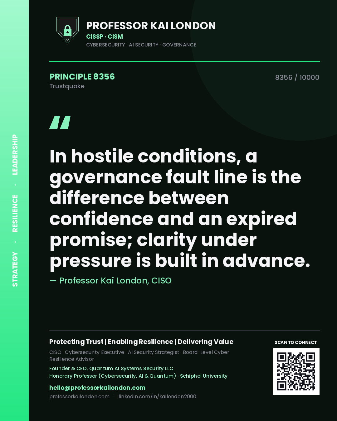 Quote card by Professor Kai London reading 'In hostile conditions, a governance fault line is the difference between confidence and an expired promise; clarity under pressure is built in advance.'. From the book Trustquake.