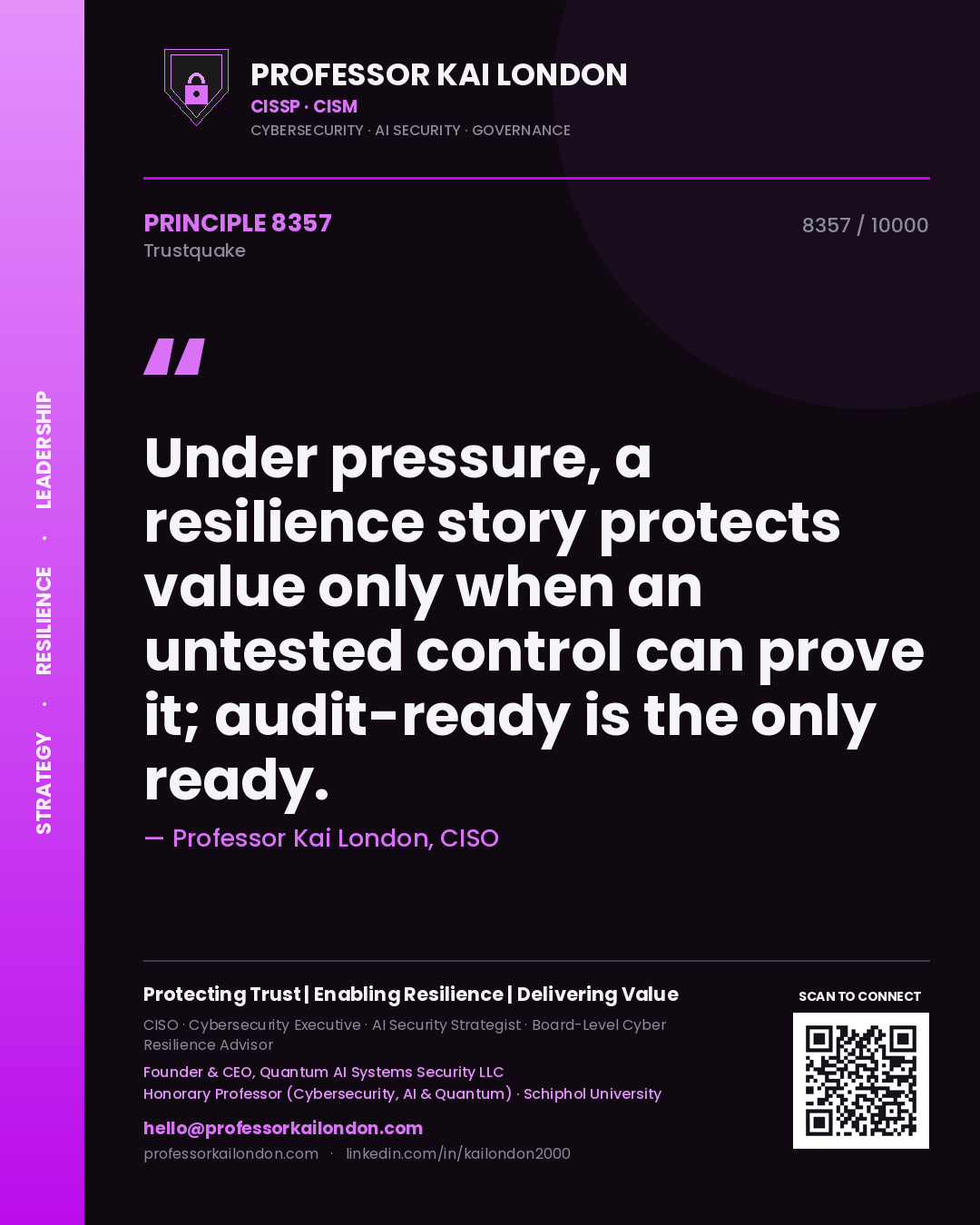 Professor Kai London principle 8357: Under pressure, a resilience story protects value only when an untested control can prove it; audit-ready is the only ready.