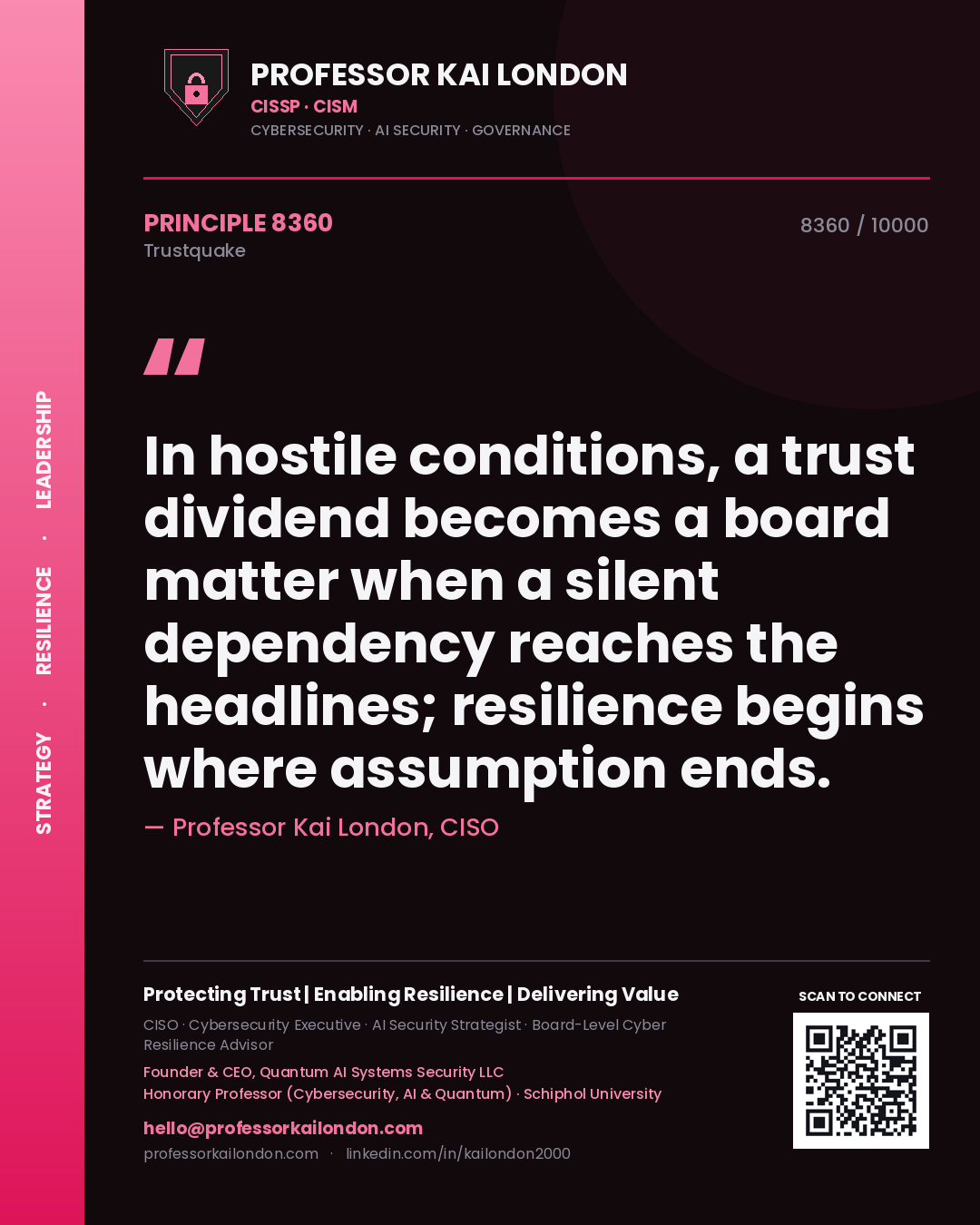 Quote card by Professor Kai London reading 'In hostile conditions, a trust dividend becomes a board matter when a silent dependency reaches the headlines; resilience begins where assumption ends.'. From the book Trustquake.