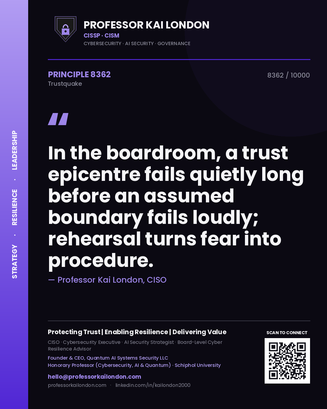 Professor Kai London principle 8362: In the boardroom, a trust epicentre fails quietly long before an assumed boundary fails loudly; rehearsal turns fear into procedure.