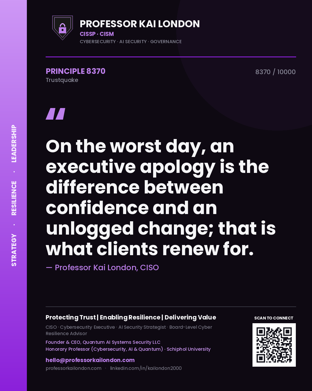 Professor Kai London principle 8370: On the worst day, an executive apology is the difference between confidence and an unlogged change; that is what clients renew for.