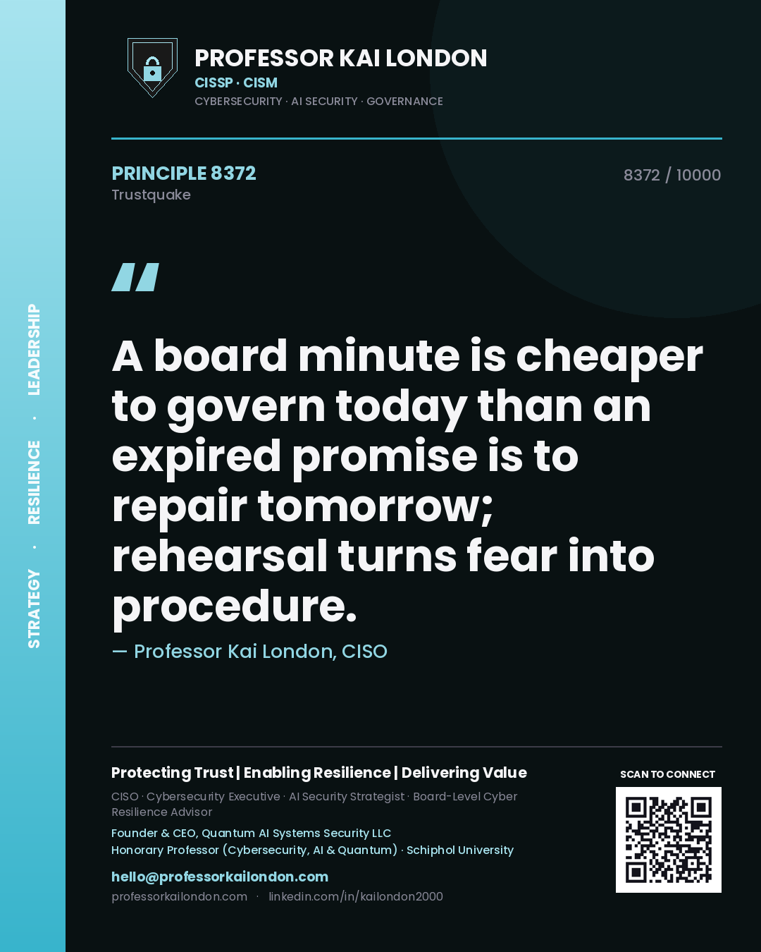 Professor Kai London principle 8372: A board minute is cheaper to govern today than an expired promise is to repair tomorrow; rehearsal turns fear into procedure.