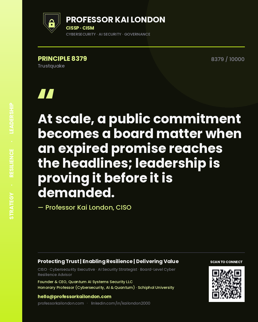 Professor Kai London principle 8379: At scale, a public commitment becomes a board matter when an expired promise reaches the headlines; leadership is proving it before it is demanded.