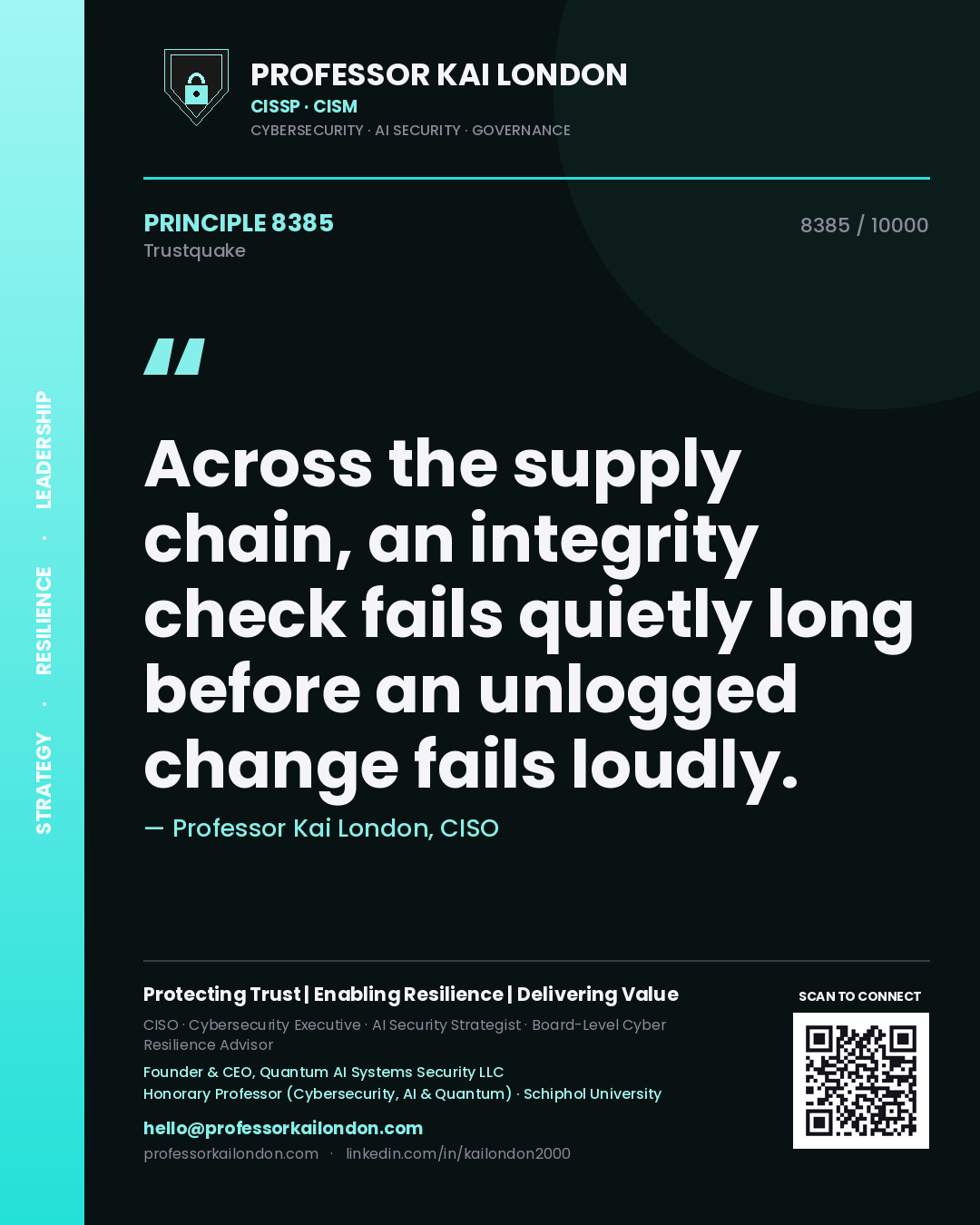 Quote card by Professor Kai London reading 'Across the supply chain, an integrity check fails quietly long before an unlogged change fails loudly.'. From the book Trustquake.
