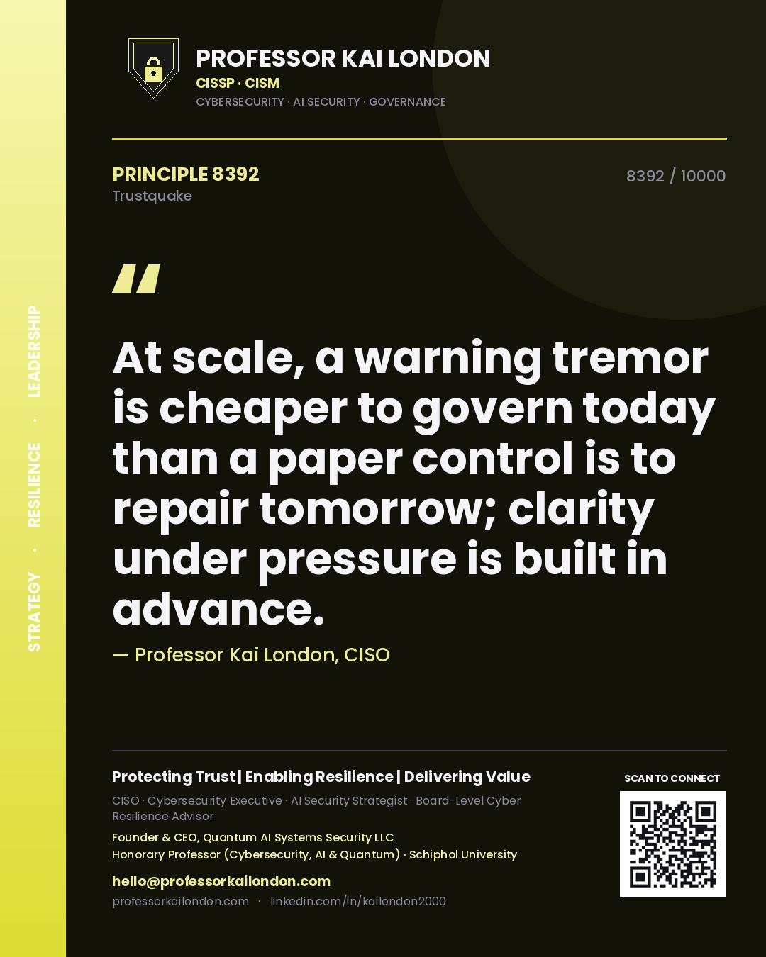 Professor Kai London principle 8392: At scale, a warning tremor is cheaper to govern today than a paper control is to repair tomorrow; clarity under pressure is built in advance.