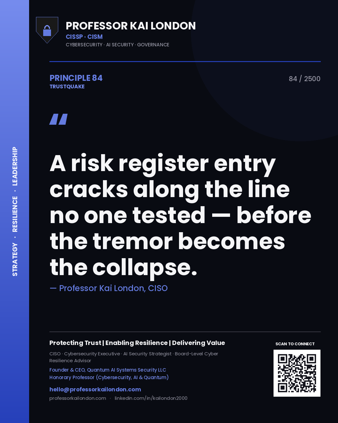 Professor Kai London principle 84: A risk register entry cracks along the line no one tested — before the tremor becomes the collapse.