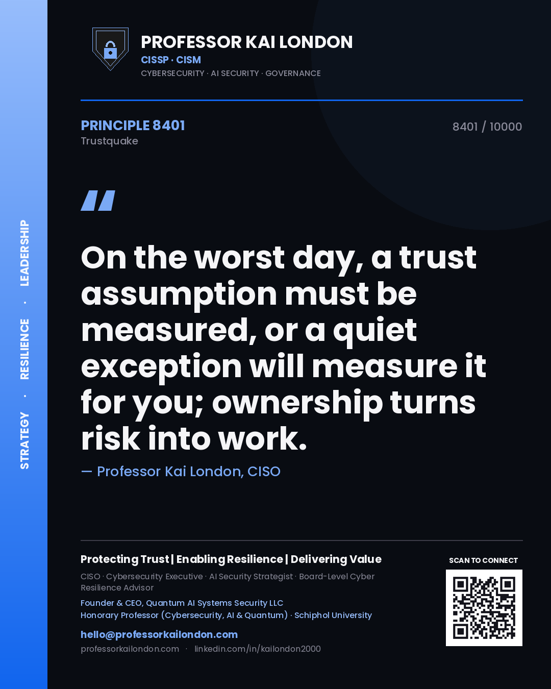 Quote card by Professor Kai London reading 'On the worst day, a trust assumption must be measured, or a quiet exception will measure it for you; ownership turns risk into work.'. From the book Trustquake.