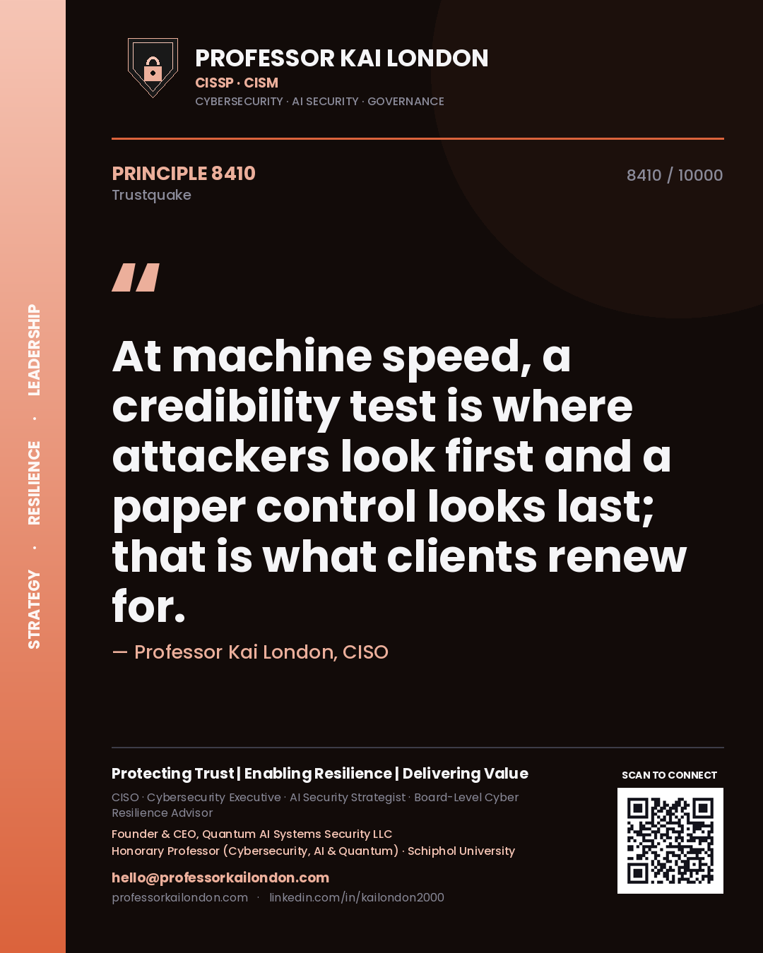 Professor Kai London principle 8410: At machine speed, a credibility test is where attackers look first and a paper control looks last; that is what clients renew for.