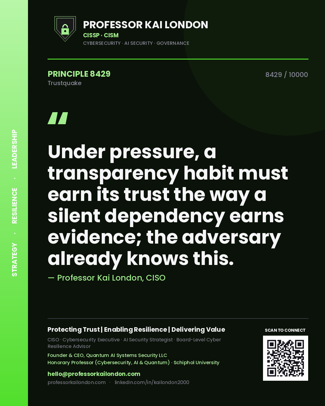 Quote card by Professor Kai London reading 'Under pressure, a transparency habit must earn its trust the way a silent dependency earns evidence; the adversary already knows this.'. From the book Trustquake.