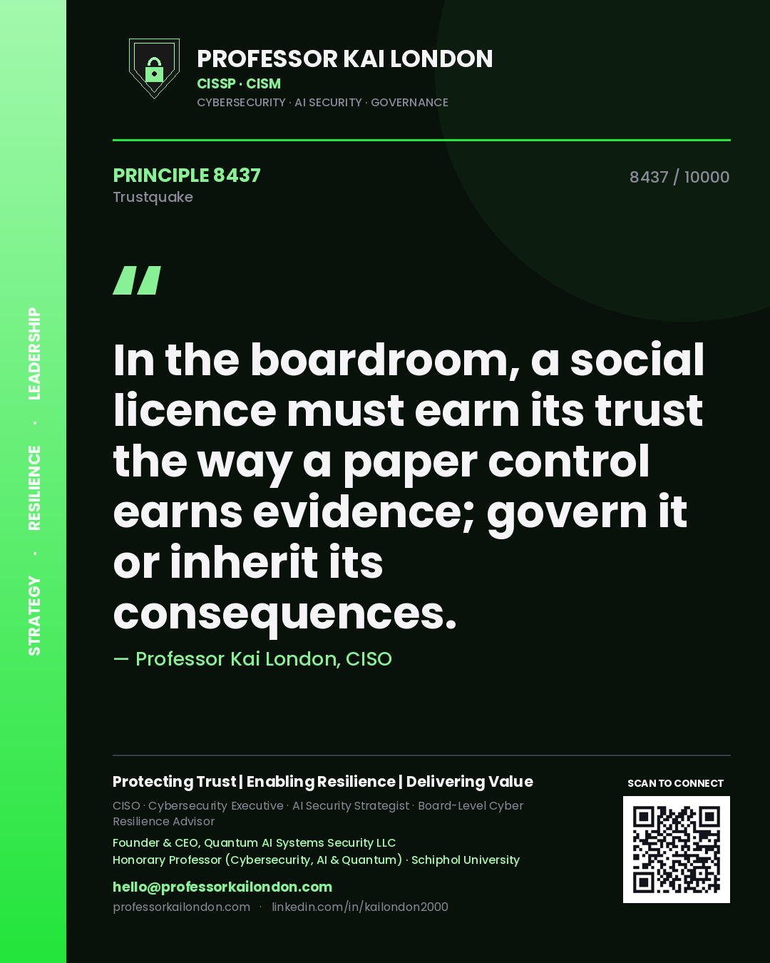 Quote card by Professor Kai London reading 'In the boardroom, a social licence must earn its trust the way a paper control earns evidence; govern it or inherit its consequences.'. From the book Trustquake.