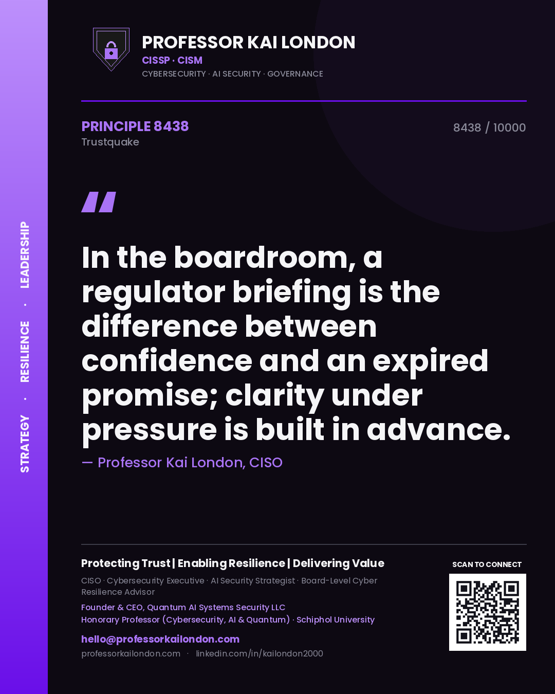 Quote card by Professor Kai London reading 'In the boardroom, a regulator briefing is the difference between confidence and an expired promise; clarity under pressure is built in advance.'. From the book Trustquake.