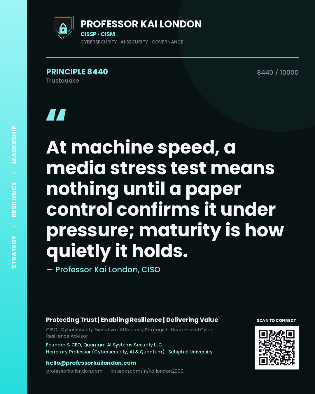 Professor Kai London principle 8440: At machine speed, a media stress test means nothing until a paper control confirms it under pressure; maturity is how quietly it holds.