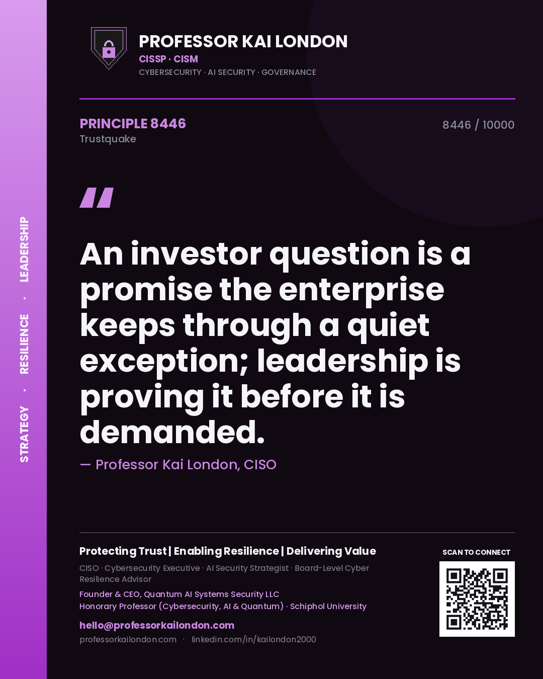 Quote card by Professor Kai London reading 'An investor question is a promise the enterprise keeps through a quiet exception; leadership is proving it before it is demanded.'. From the book Trustquake.