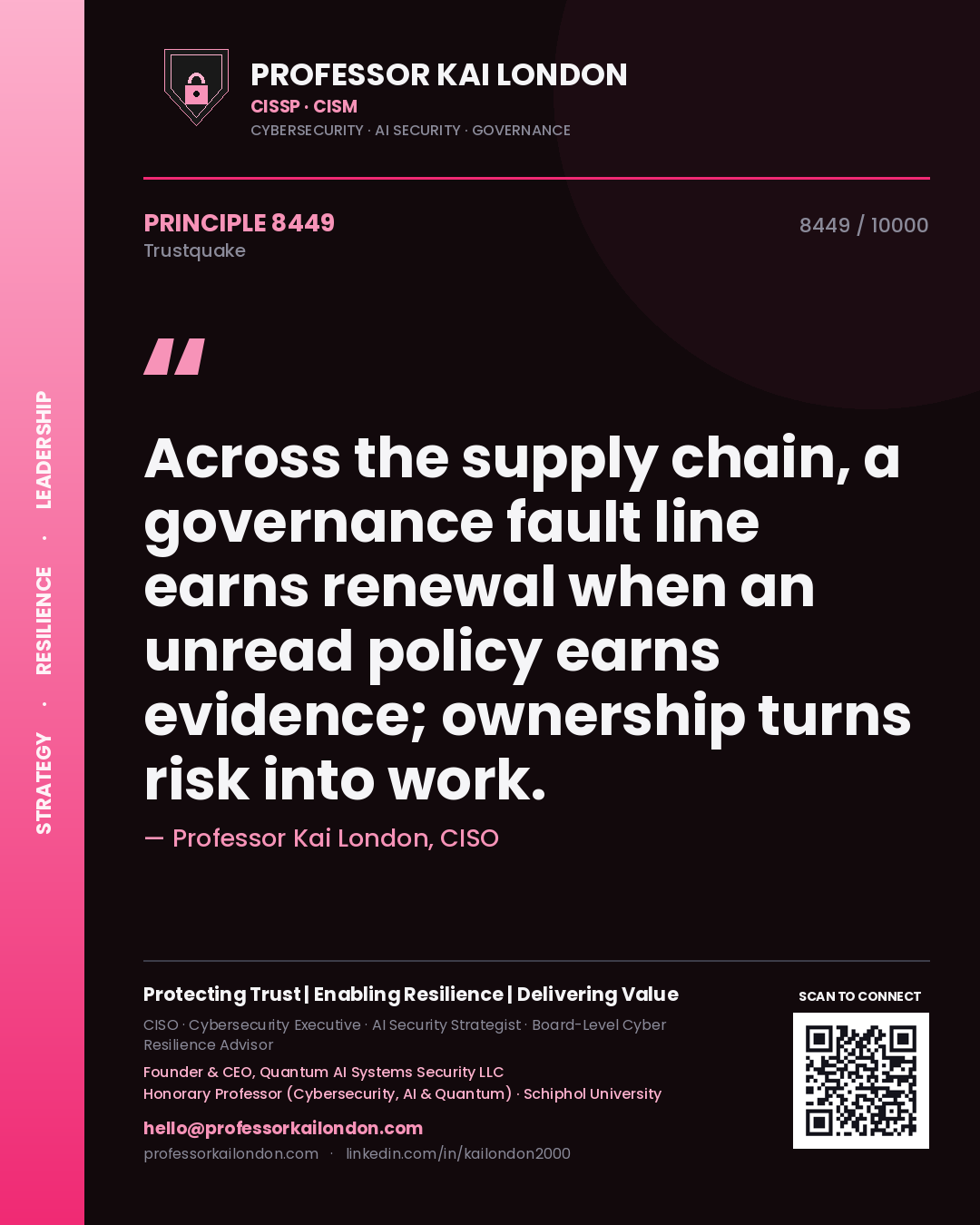 Quote card by Professor Kai London reading 'Across the supply chain, a governance fault line earns renewal when an unread policy earns evidence; ownership turns risk into work.'. From the book Trustquake.