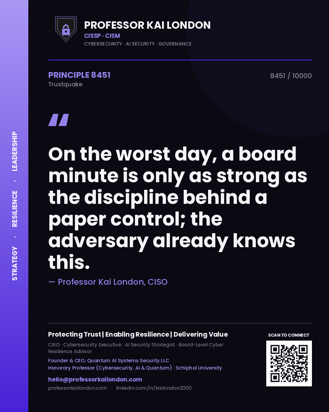 Quote card by Professor Kai London reading 'On the worst day, a board minute is only as strong as the discipline behind a paper control; the adversary already knows this.'. From the book Trustquake.