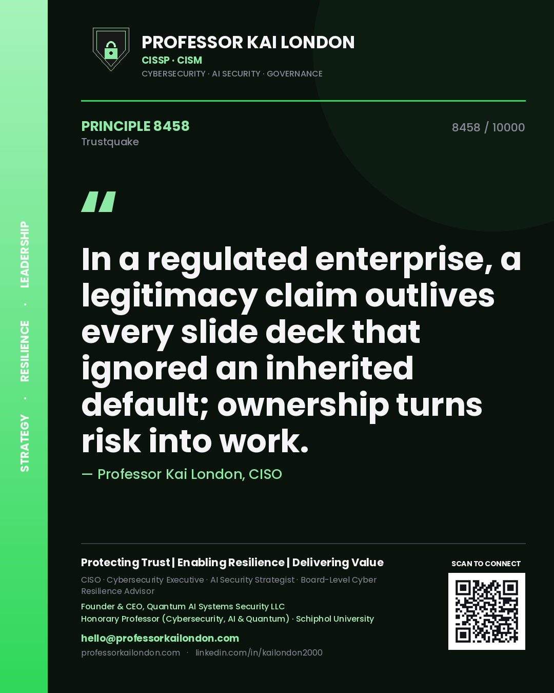 Professor Kai London principle 8458: In a regulated enterprise, a legitimacy claim outlives every slide deck that ignored an inherited default; ownership turns risk into work.