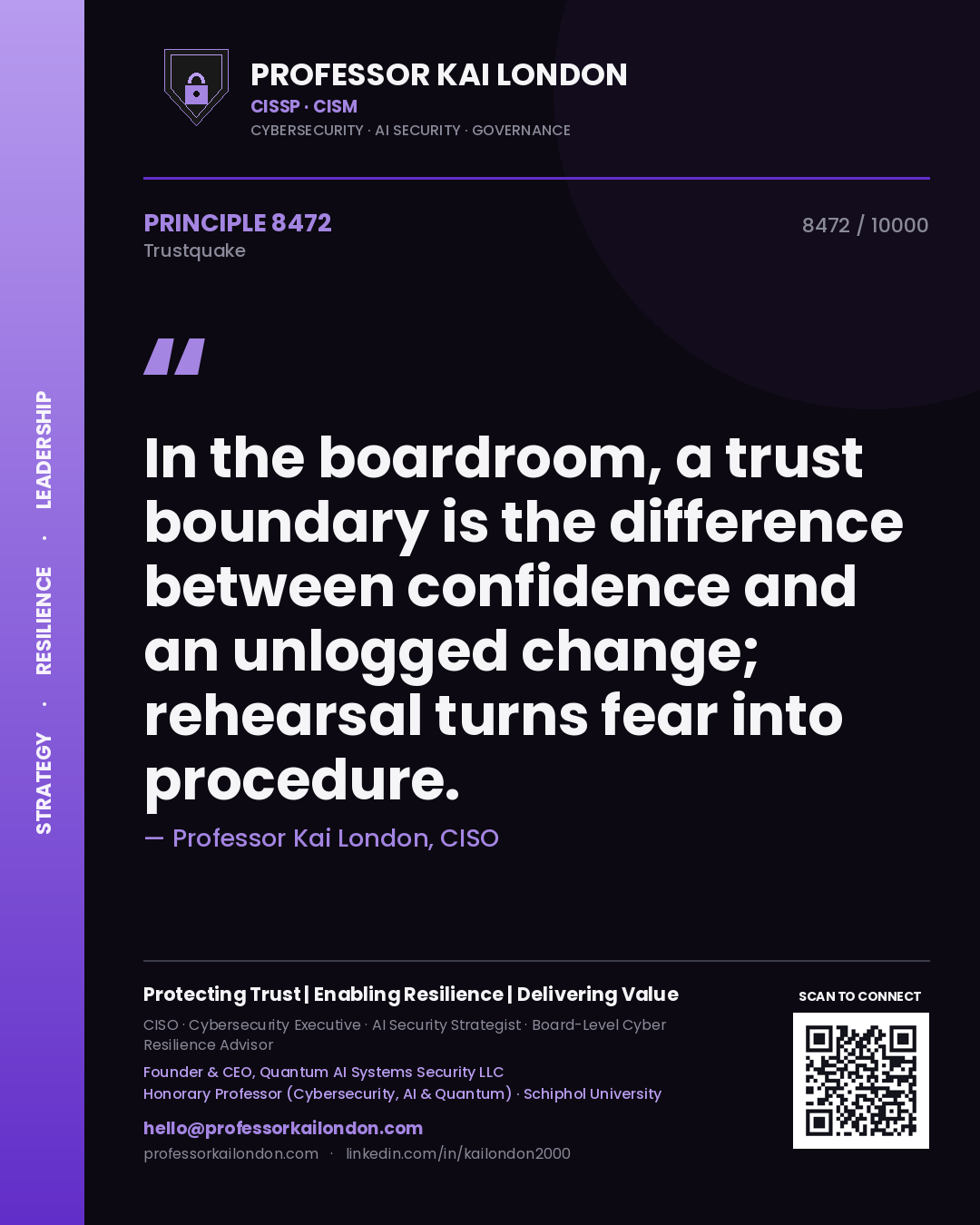 Quote card by Professor Kai London reading 'In the boardroom, a trust boundary is the difference between confidence and an unlogged change; rehearsal turns fear into procedure.'. From the book Trustquake.