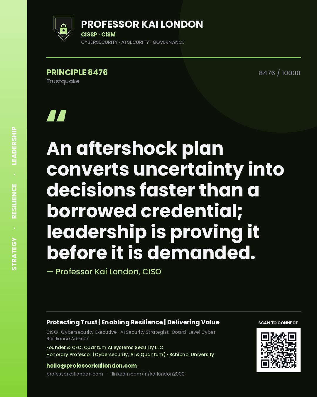 Quote card by Professor Kai London reading 'An aftershock plan converts uncertainty into decisions faster than a borrowed credential; leadership is proving it before it is demanded.'. From the book Trustquake.