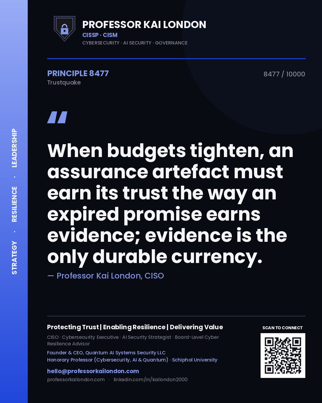 Professor Kai London principle 8477: When budgets tighten, an assurance artefact must earn its trust the way an expired promise earns evidence; evidence is the only durable currency.