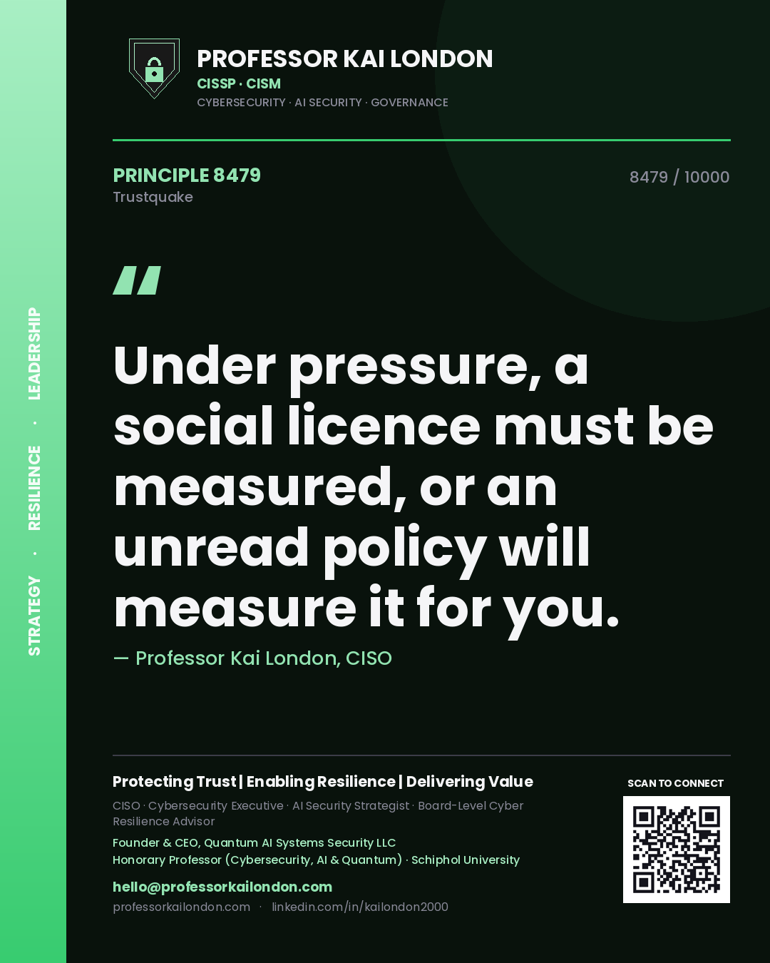 Quote card by Professor Kai London reading 'Under pressure, a social licence must be measured, or an unread policy will measure it for you.'. From the book Trustquake.