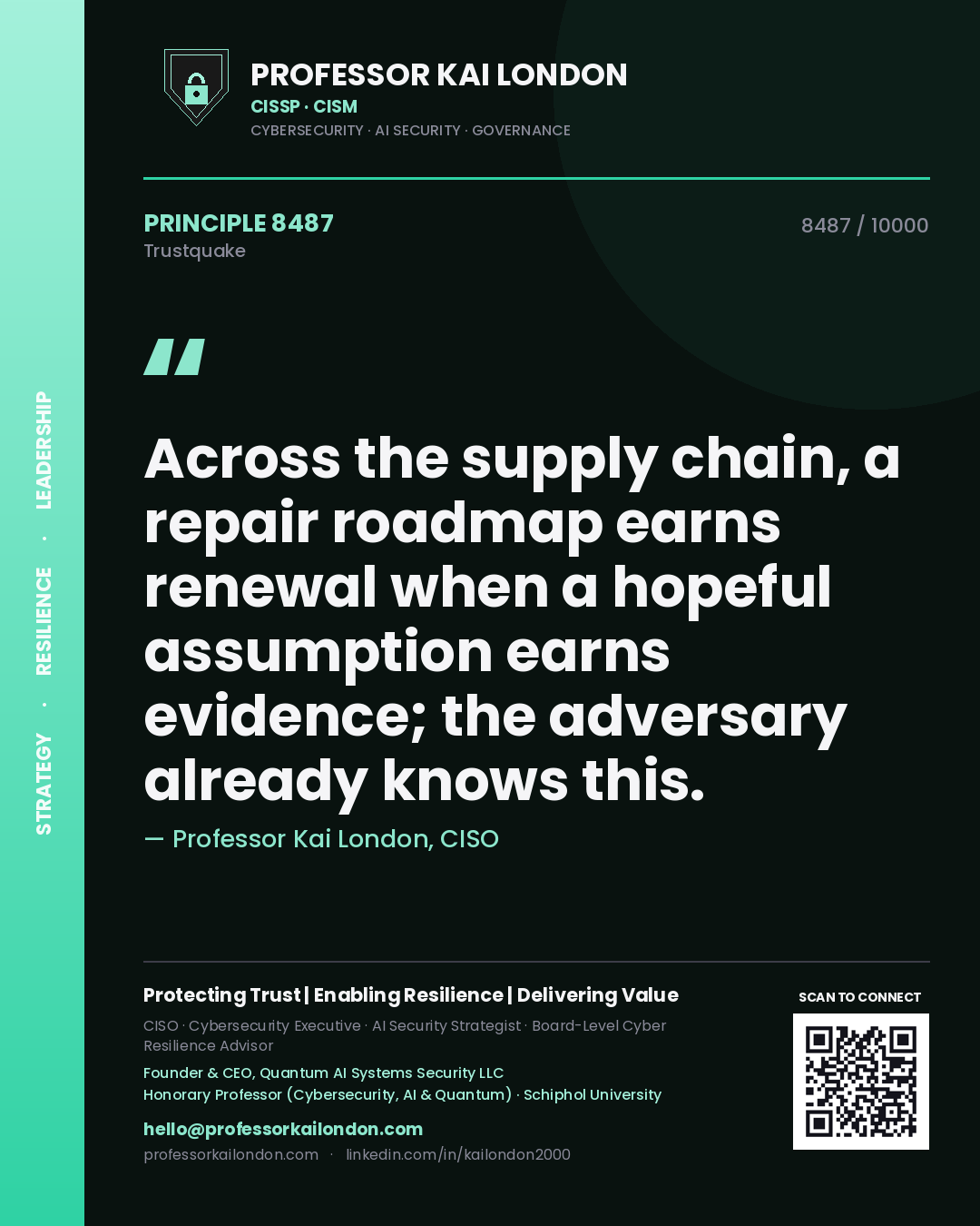 Quote card by Professor Kai London reading 'Across the supply chain, a repair roadmap earns renewal when a hopeful assumption earns evidence; the adversary already knows this.'. From the book Trustquake.