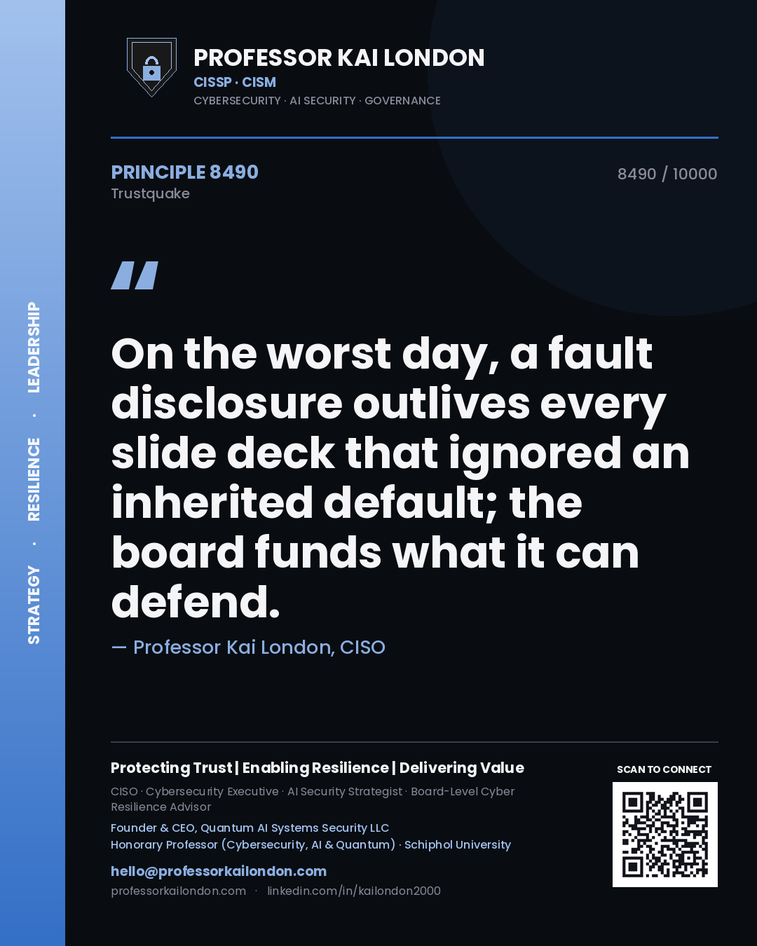 Quote card by Professor Kai London reading 'On the worst day, a fault disclosure outlives every slide deck that ignored an inherited default; the board funds what it can defend.'. From the book Trustquake.