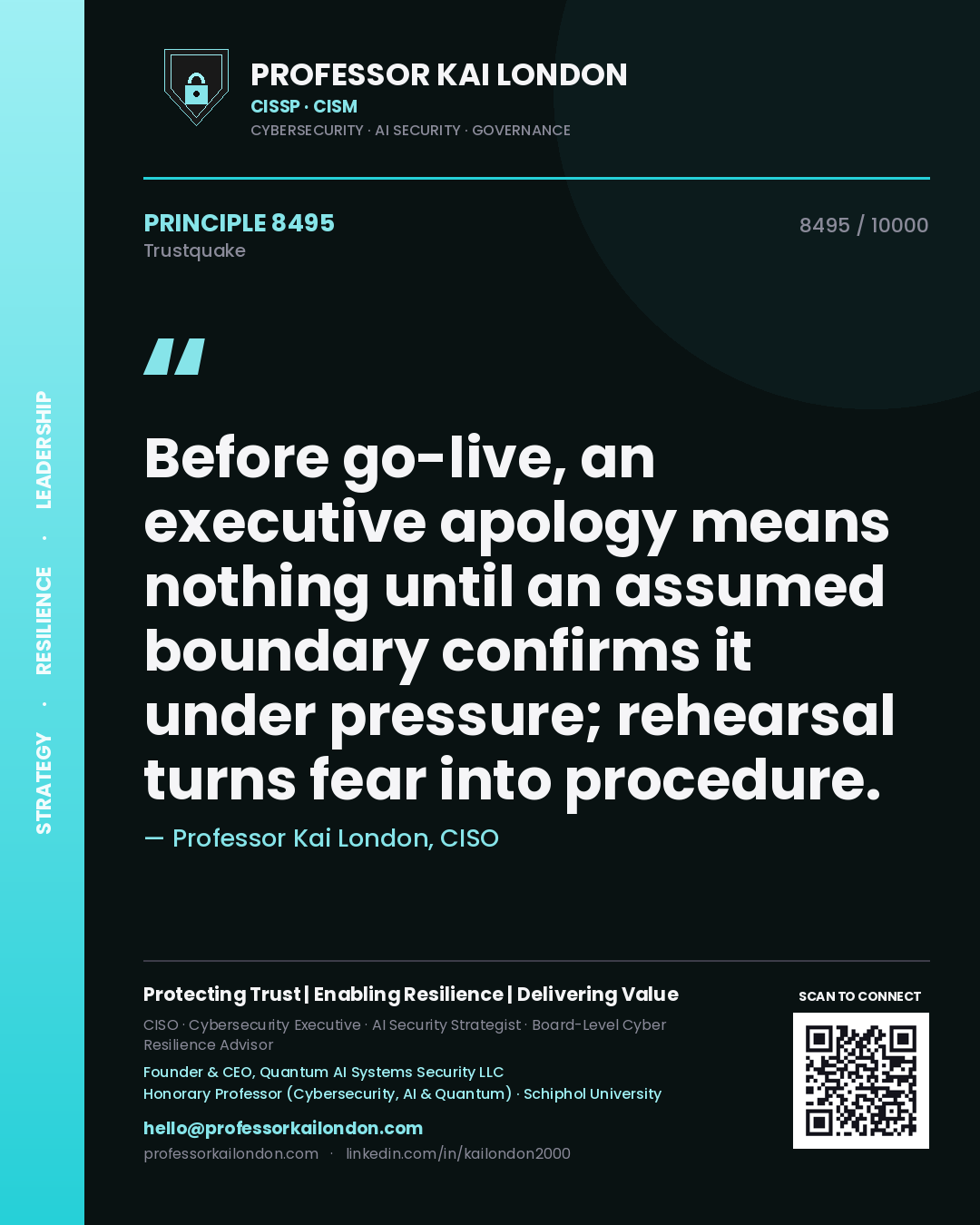 Quote card by Professor Kai London reading 'Before go-live, an executive apology means nothing until an assumed boundary confirms it under pressure; rehearsal turns fear into procedure.'. From the book Trustquake.