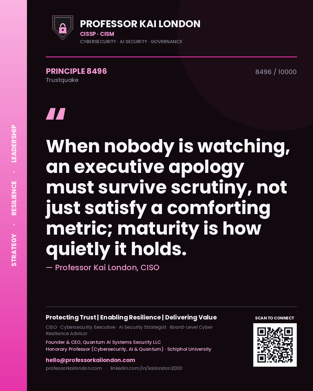 Quote card by Professor Kai London reading 'When nobody is watching, an executive apology must survive scrutiny, not just satisfy a comforting metric; maturity is how quietly it holds.'. From the book Trustquake.