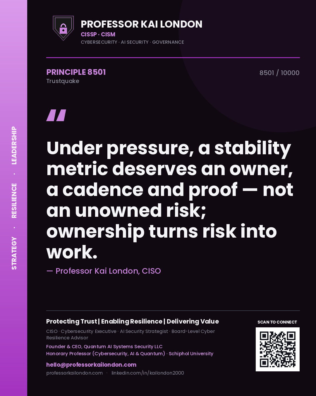 Quote card by Professor Kai London reading 'Under pressure, a stability metric deserves an owner, a cadence and proof — not an unowned risk; ownership turns risk into work.'. From the book Trustquake.